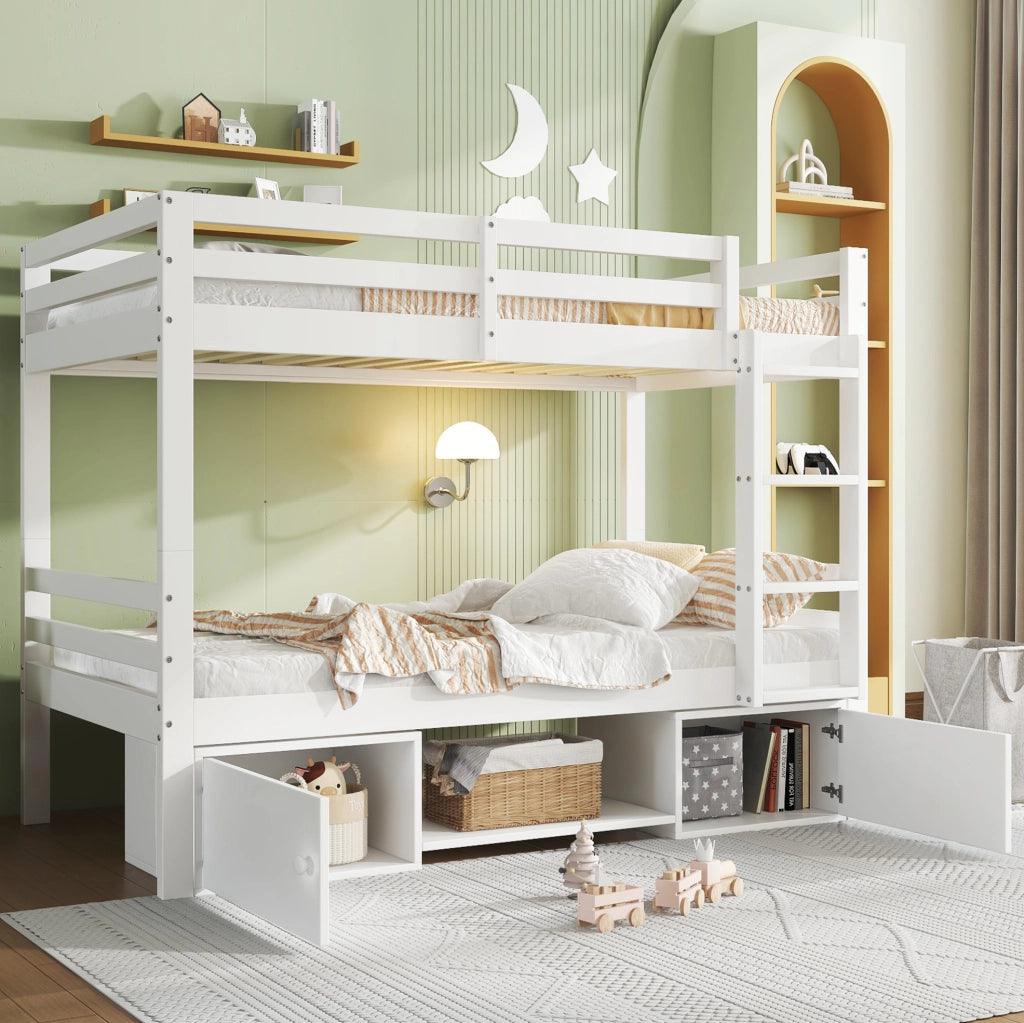 Letto a castello per bambini 90x200 cm divisibile, con ripiani e vani bianchi