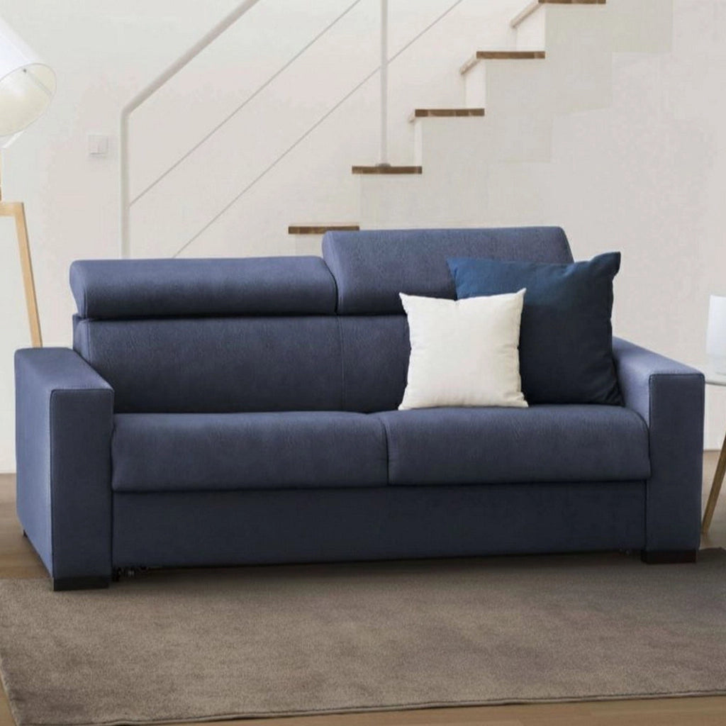 Divano fisso Kiev, Divano a 2 posti, Made in Italy, SofÒ  Soggiorno, in tessuto imbottito, con poggiatesta regolabili e Braccioli standard, cm 180x95h85, Blu