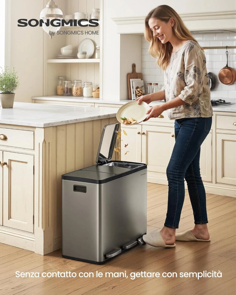 SONGMICS Pattumiera Cucina 3 x 18 L, Cestino per Raccolta Differenziata 3 Scomparti, 15 Sacchetti, Secchi Rimovibili, Coperchio, Maniglie, Chiusura Morbida, Acciaio Inox, Argento LTB254EZ01