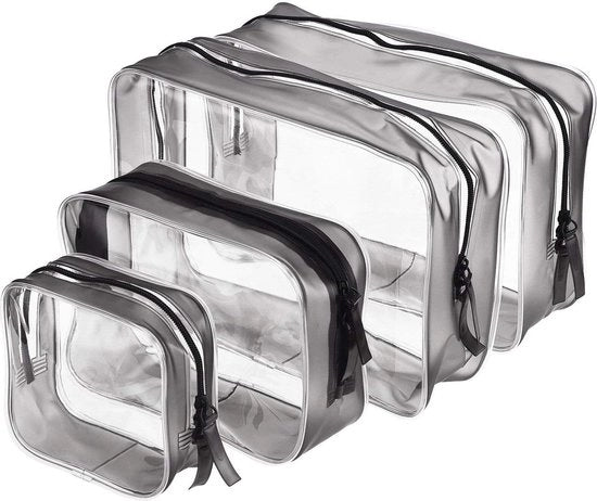 Kit di trasporto di cosmetici trasparente, 4 pezzi, aereoporti, PVC, kit di trasporto di cosmetici, impermeabile, chiusura a cerniera, per uomo e donna, viaggi, lavoro, vacanza, organizzazione della cabina doccia, trasparente