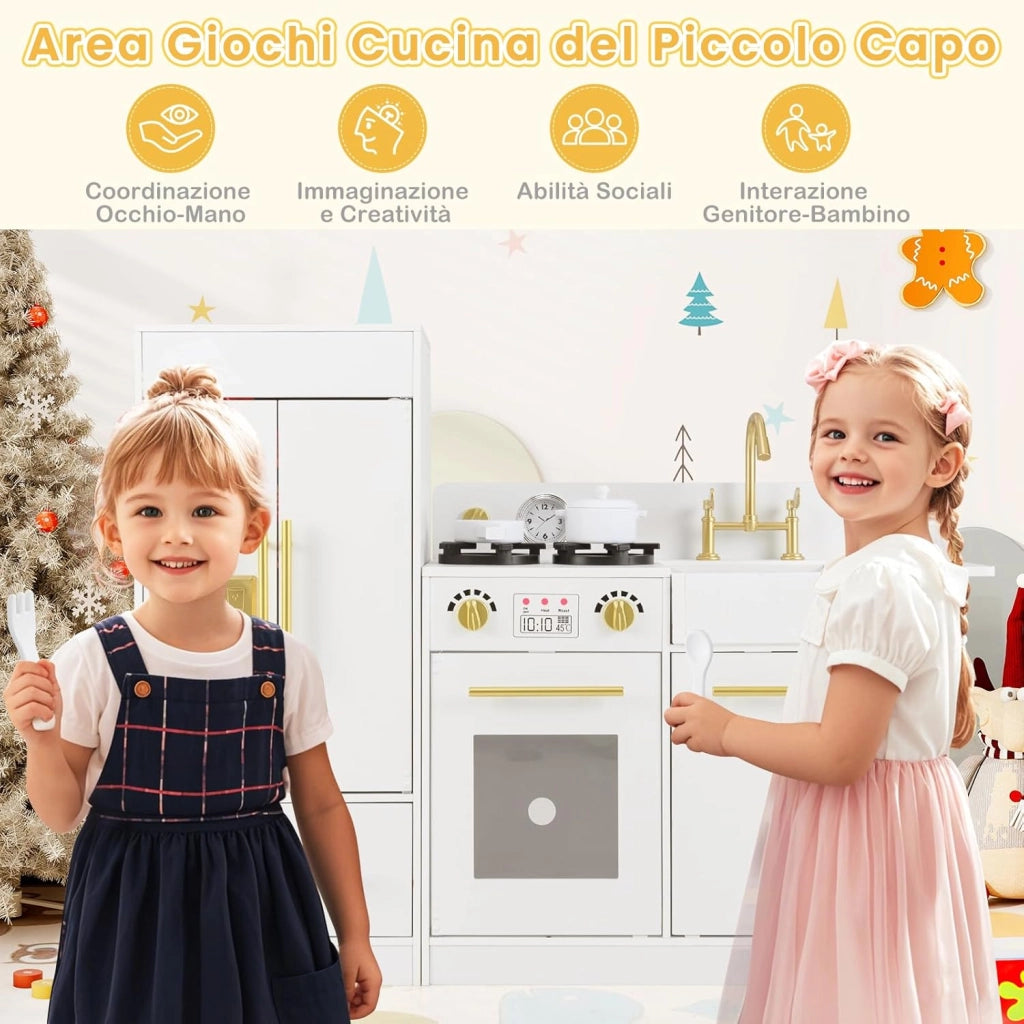 Cucina Giocattolo per Bambini, Cucina per Bambini in Legno con Frigorifero, Fornello, Lavandino, Macchina per il Ghiaccio, Orologio, Lavastoviglie e Accessori, per 3+ Anni