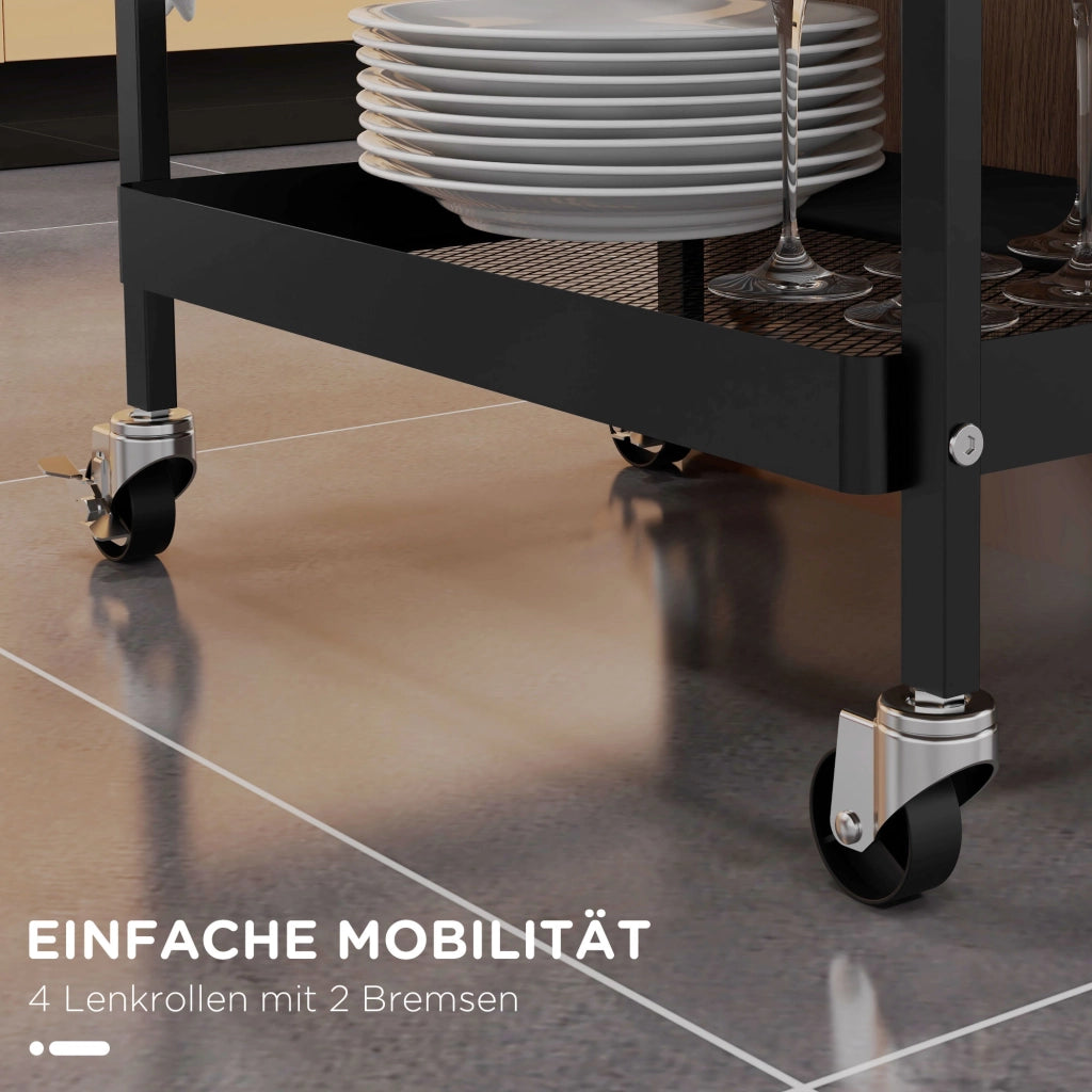 Schwarzer Servierwagen mit Schublade, Haken und Ablage – flexibler Küchenwagen für Küche, Bad & Co.