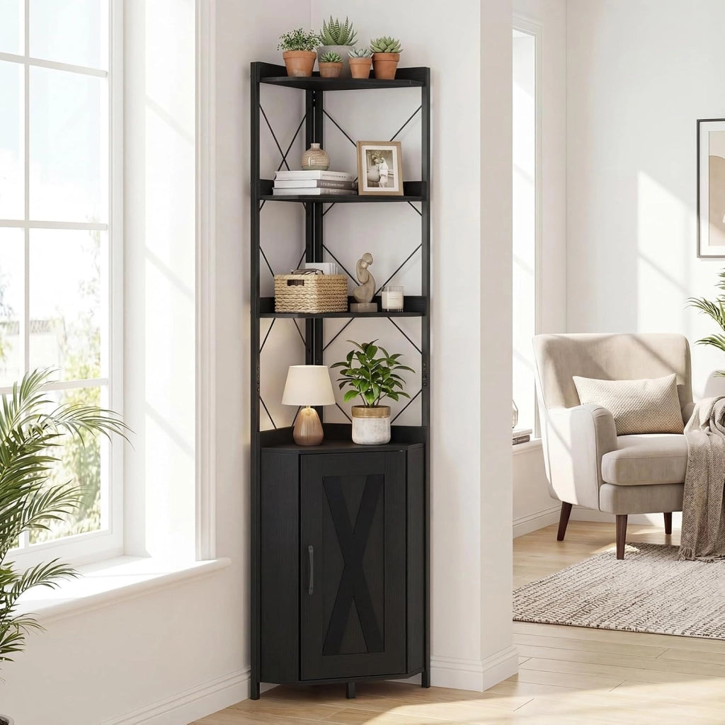Libreria a 5 Ripiani, Mensola ad Angolo con Spazio di Archiviazione, Armadio ad Angolo con Paraspigoli Anticaduta, Autoportante, con 2 Kit Antiribaltamento, 38 x 38 x 180 cm (Nero)