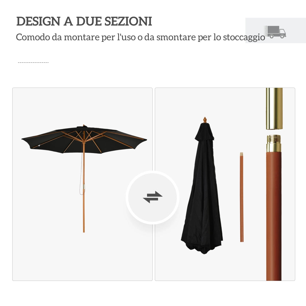 Ombrellone da Giardino 3 m con Palo in Legno, 8 Stecche e Parasole in Poliestere, Nero