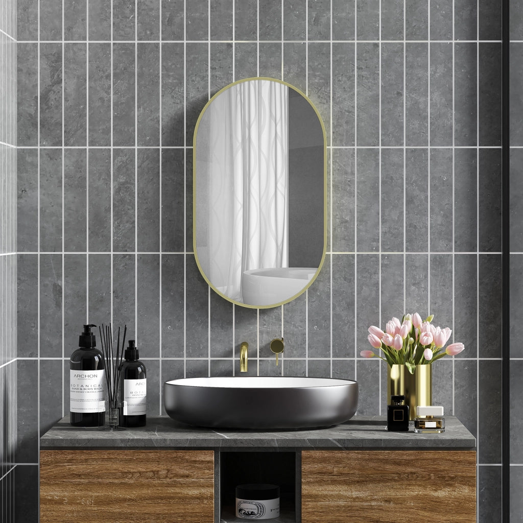 Specchio da Bagno Ovale con Cornice in Alluminio ¨C zephmum ¨C Dorato 40x70 cm