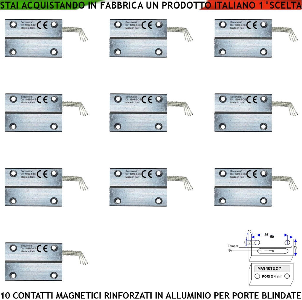 Sensori Magnetici Corrazzati in Alluminio Fori di Fissaggio 10 Pezzi Per Porte Ferro Contatti Allarme Reed NC Sensibilità 20 mm Tensione Max 30 V 10 W Carico Resistivo 4 Fili 2 NC e 2 Tamper Pr. IP65