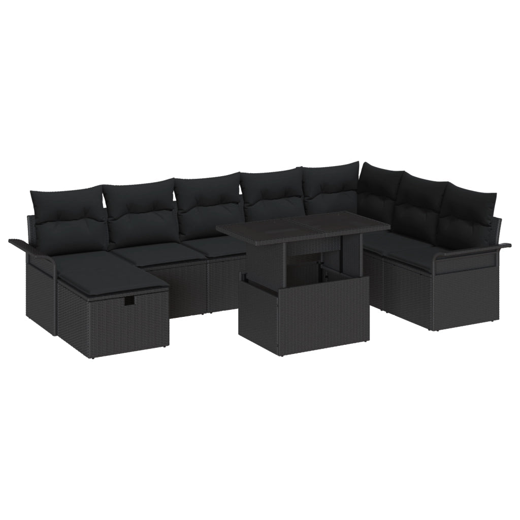 Set Divano da Giardino  9 Pezzi con Cuscini Nero in Rattan Polietileno
