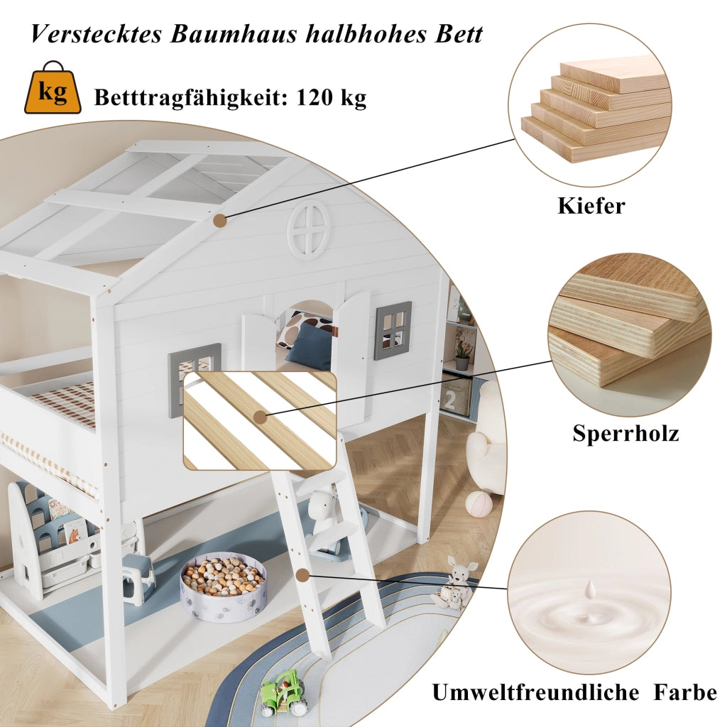 Letto a soppalco per bambini 90x200 cm bianco e grigio