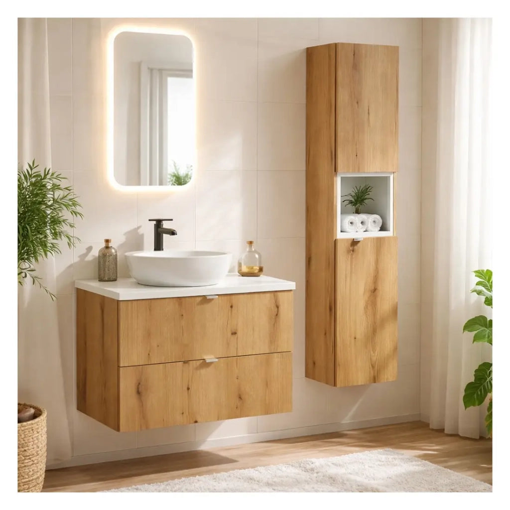Set da bagno VANO effetto quercia e bianco 110cm: mobili sotto lavabo con cassetti + piano per lavabo + colonna