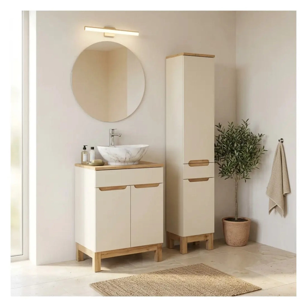 Set ERMANO cachemire 95cm: mobile sottolavabo + lavabo da appoggio bianco marmorizzato + colonna