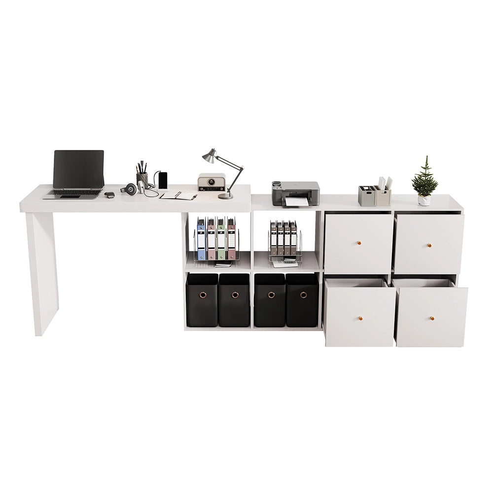 Tavolo angolare rotante 360?? - Xylo - MDF 4 cm, 4 scomparti, 4 cassetti, bianco, disposizione L/lineare