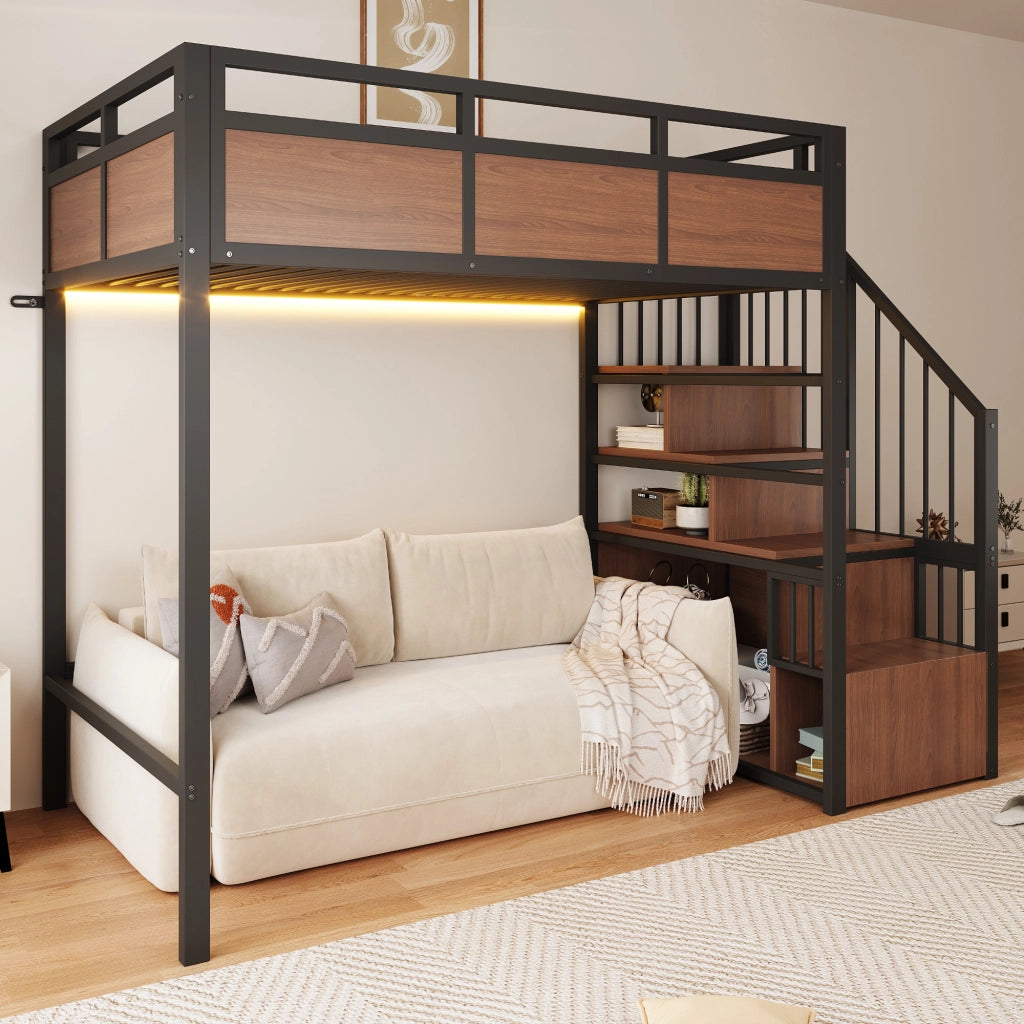 Letto a Soppalco 90 x 200 cm con LED; Scala Contenitore e Guardrail in Metallo Nero
