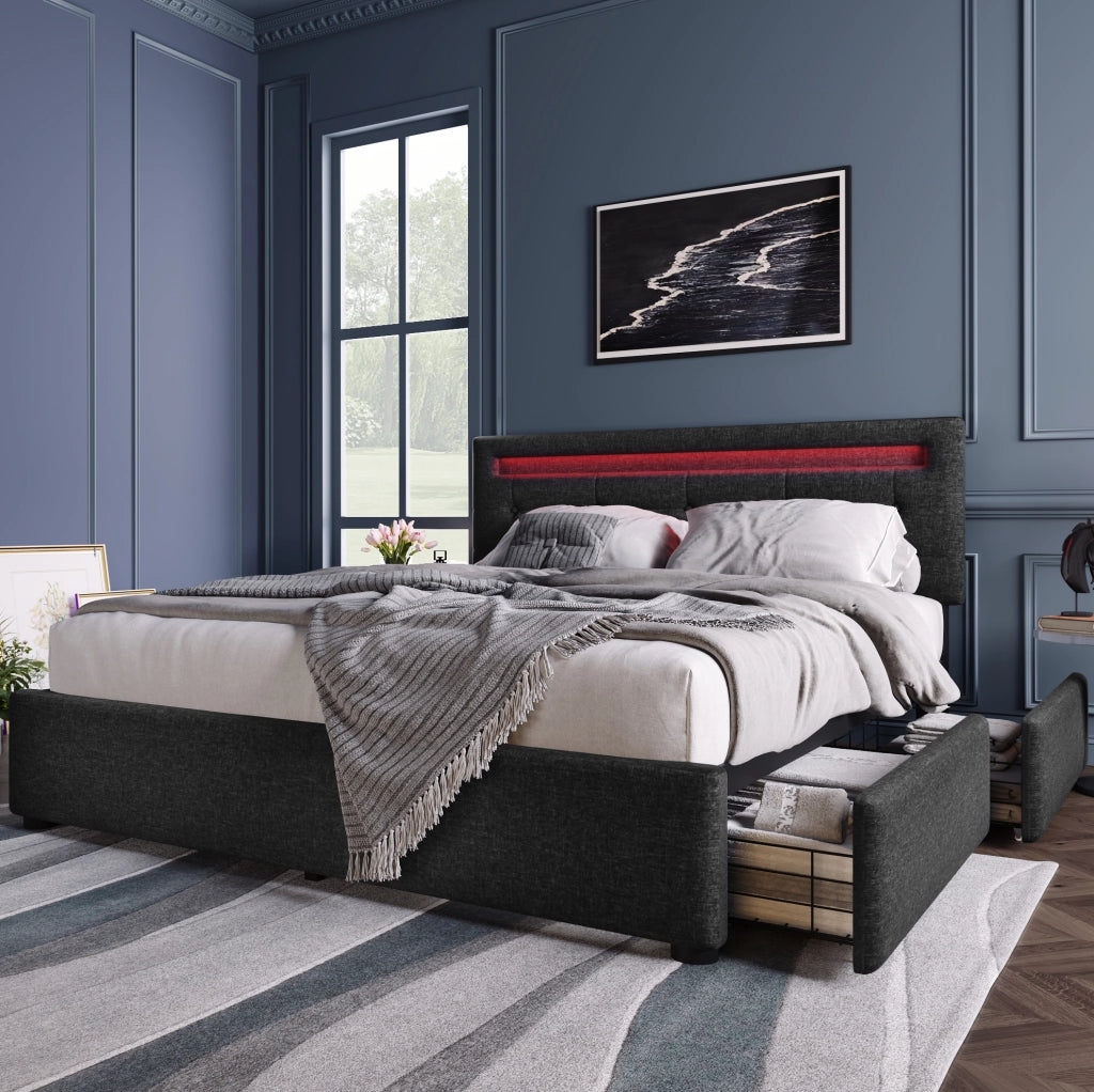 Letto matrimoniale 140x200 cm nero con LED, 4 cassetti e testiera regolabile