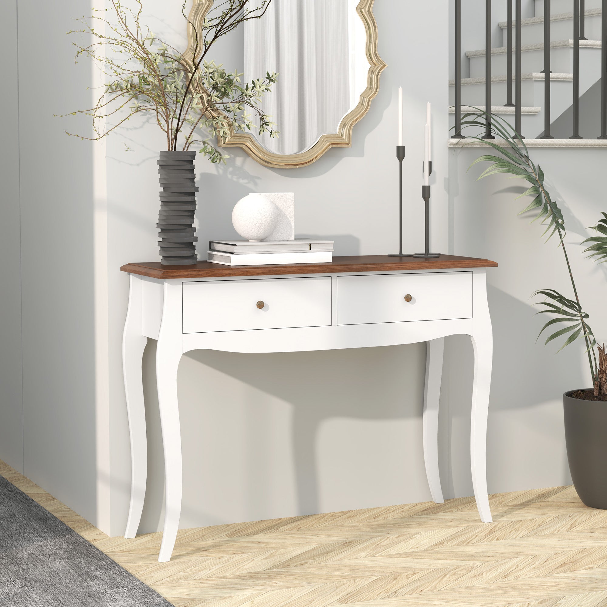Tavolo Consolle Moderno 100x35x76,5 cm con 2 Cassetti in Legno Bianco e Marrone Scuro