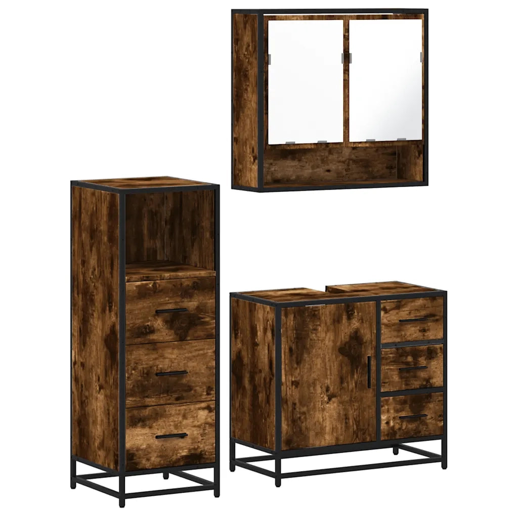 Set Mobili da Bagno 3 pz Rovere Fumo in Legno Multistrato