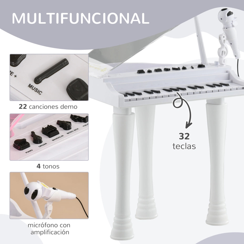 Piano Giocattolo per Bambini con Microfono e Sgabello ¨C zephmum ¨C 37x30,5x60,4 cm Bianco