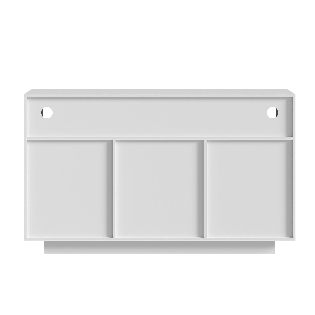 Credenza 140x40x85 cm con 3 cassetti; 2 ante e 3 vani aperti; bianco e naturale