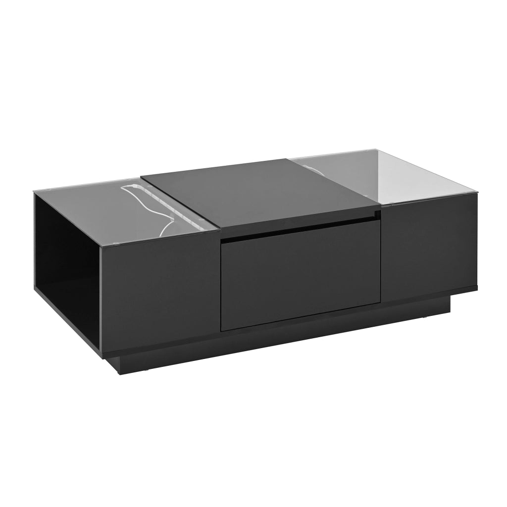 Tavolino da Caffè con 2 Cassetti e 2 Vani Aperti con LED Bluetooth; Piani in Vetro; Lucido e Opaco; 105×50×35 cm; Nero