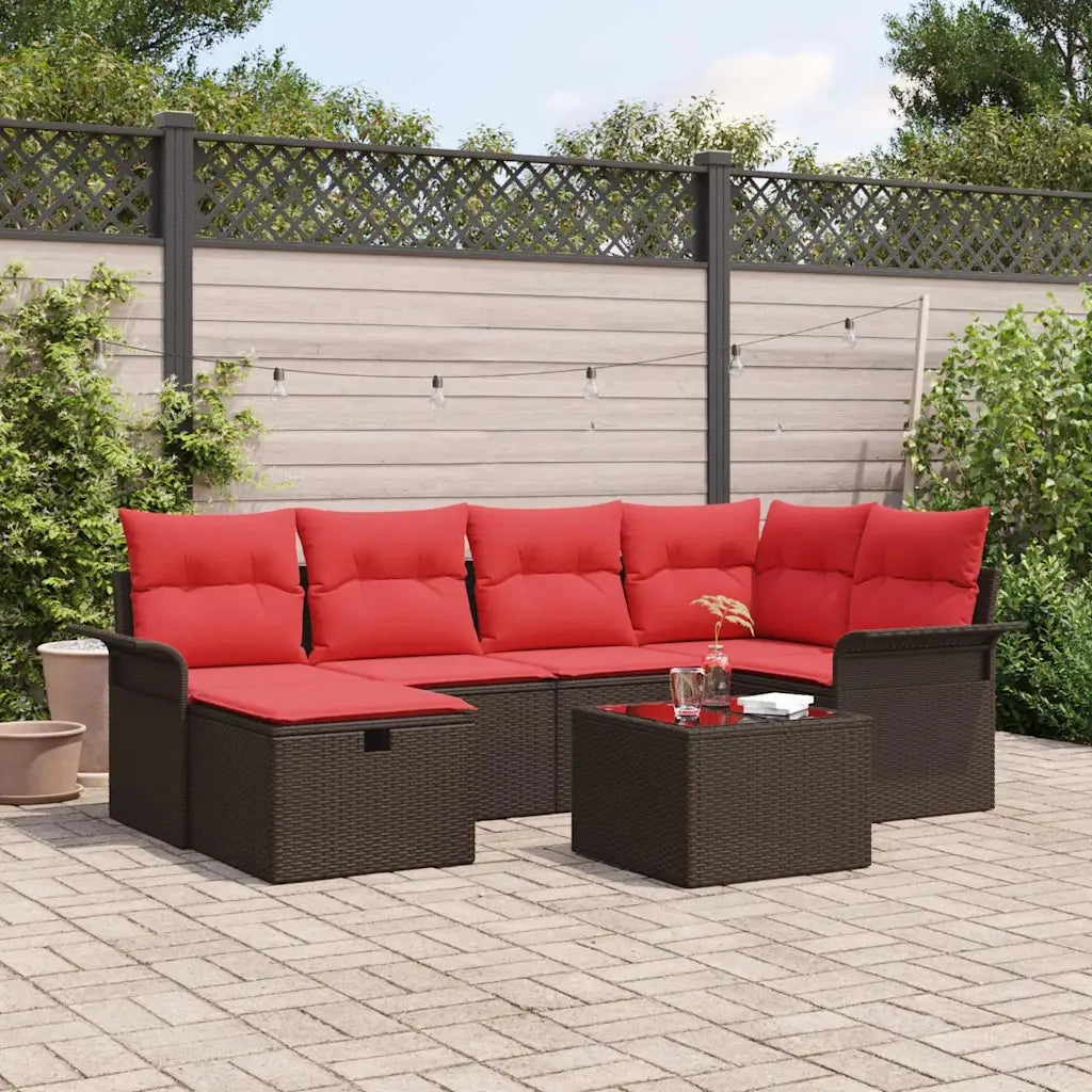 Set Divano da Giardino 7 pcs Marrone e Rosso polyrattan
