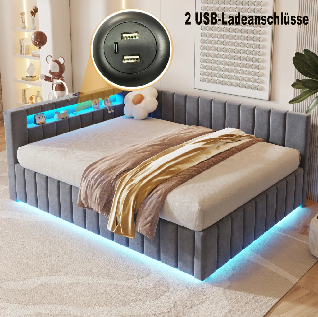 Letto imbottito 140x200 cm con contenitore, LED e USB grigio