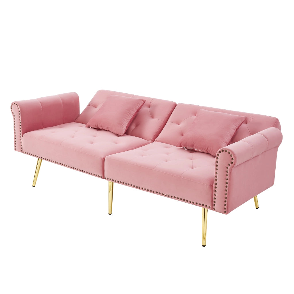 Divano letto 2 posti - con schienale regolabile e cuscini - in velluto rosa