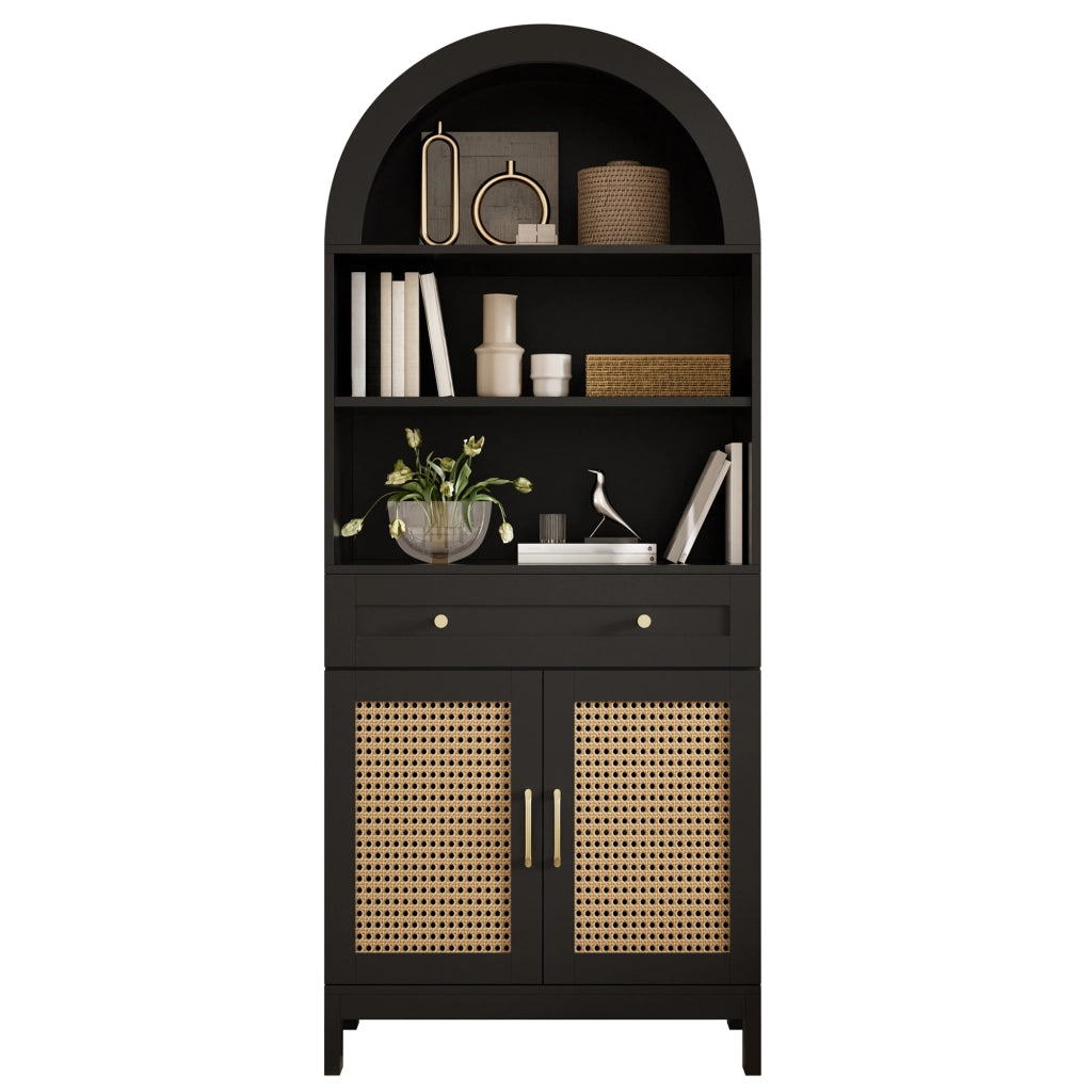 Mobile vetrina ad arco con ante in stile rattan, 170 cm, nero + effetto legno, con 3 vani a vista, 1 cassetto e 2 ante
