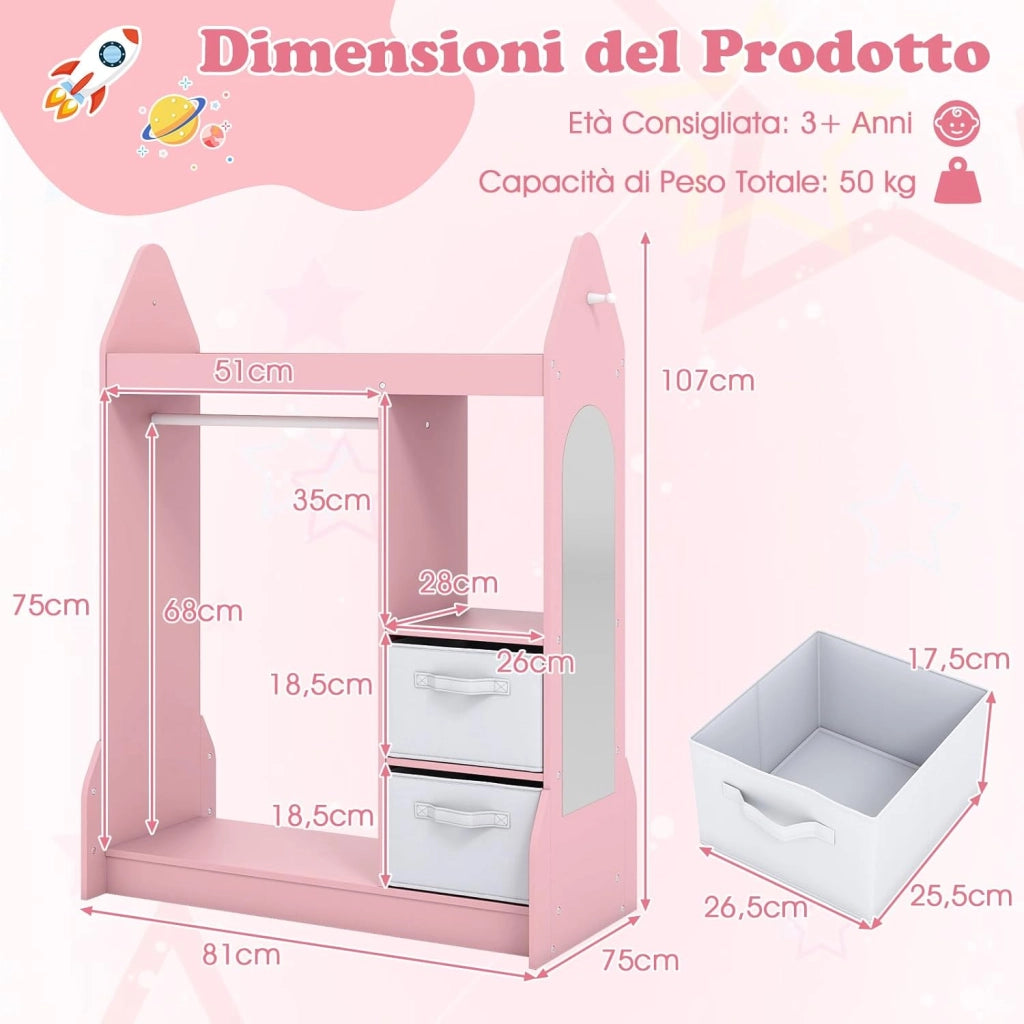 Guardaroba per Bambini, Armadio Gioco con Specchio Appendiabiti, Cassette in Tessuto Pieghevoli, Organizer per Stanza e Camera da Letto, 81 x 38 x 107 cm (Rosa)
