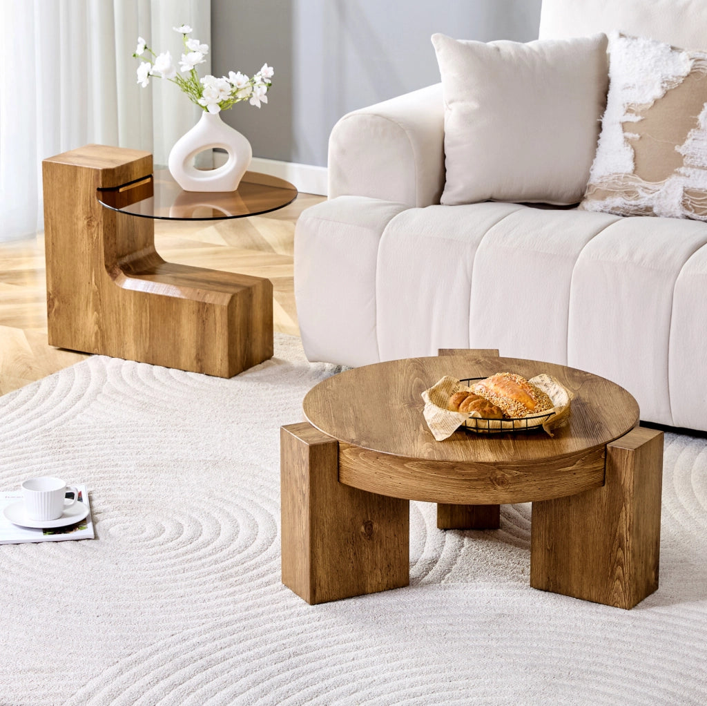 Set di tavolini da caffè rotondi 2 in 1 in MDF effetto legno e vetro temperato marrone
