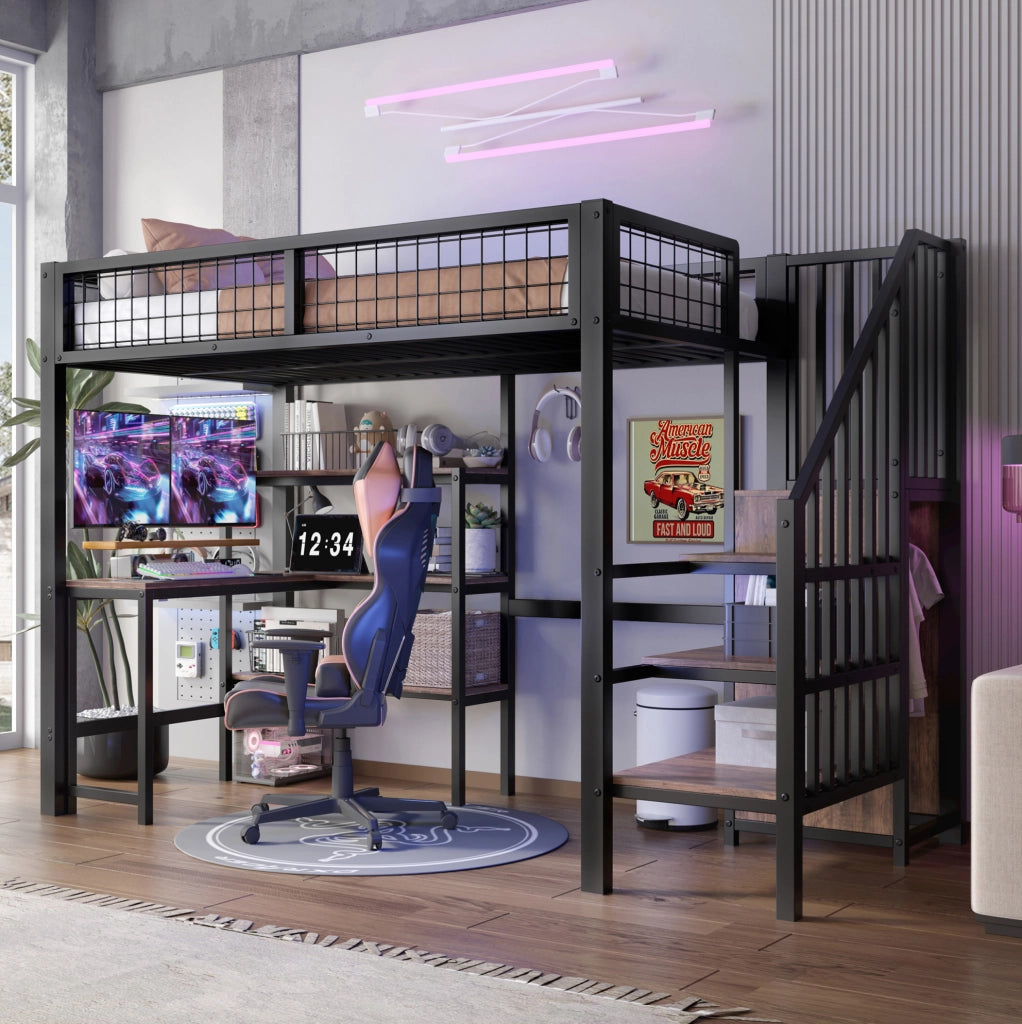 Letto a soppalco 90 x 200 cm con scrivania, scaffali e armadio, nero e marrone