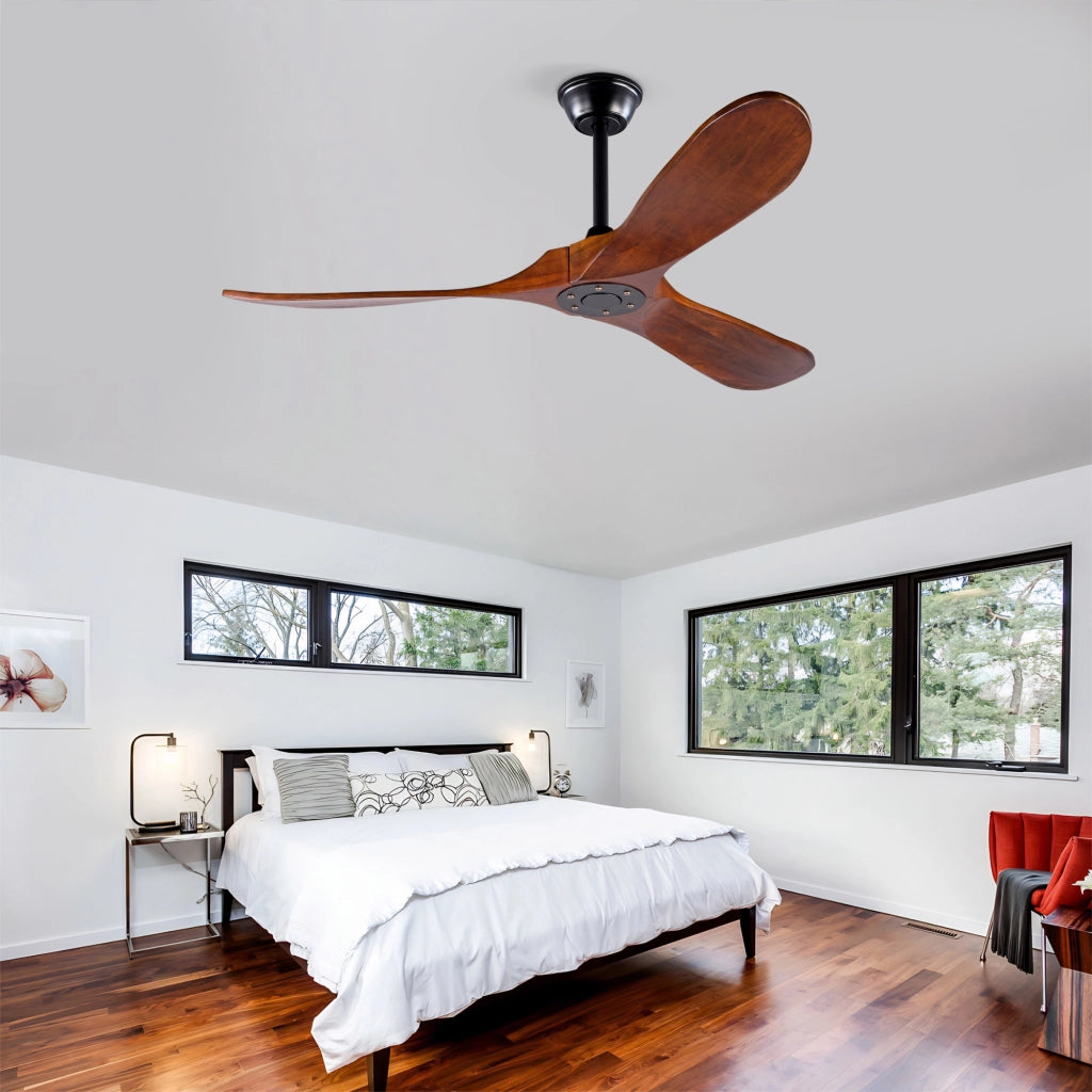 Ventilatore da soffitto 52 pollici, 3 pale legno, design ad elica, funzione memoria, telecomando, finitura noce, per terrazze e soggiorni