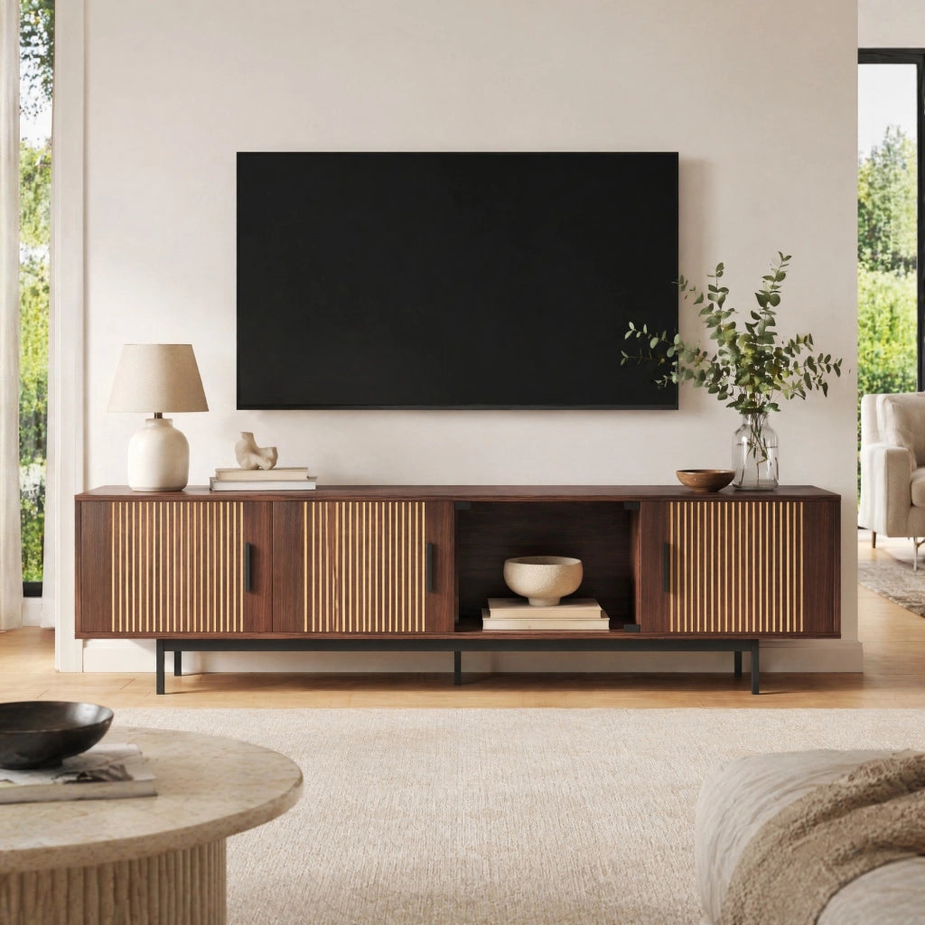 Mobile TV moderno 200 cm con LED smart Bluetooth, finitura noce e nero