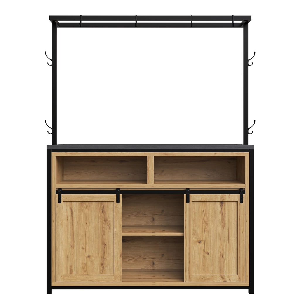 Mobile contenitore con porte scorrevoli e prese; ripiani aperti - per cucina - in MDF e metallo - 107×62×183 cm - legno
