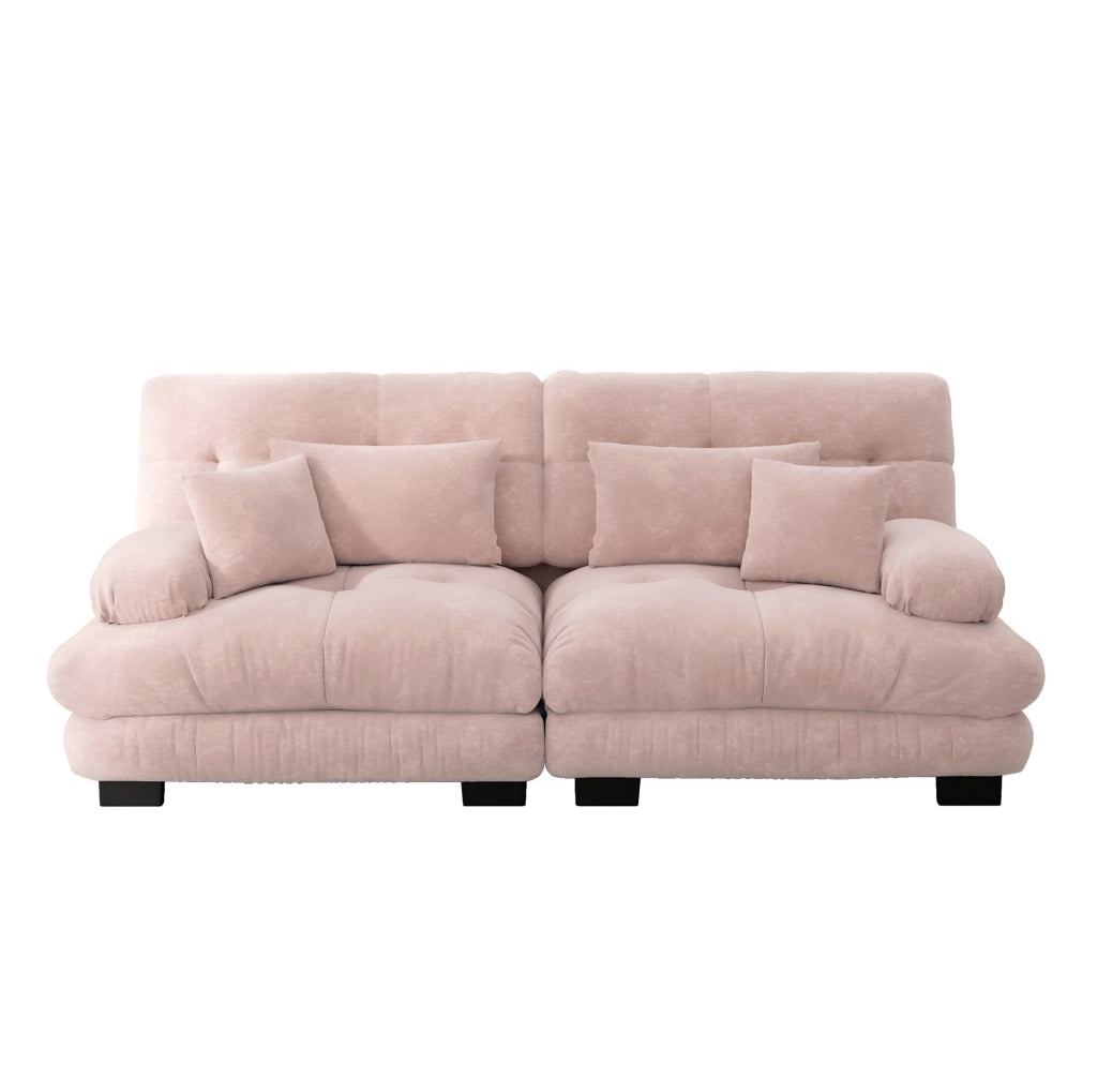Divano 2 posti 220x77x81 cm in chenille rosa, con 2 cuscini lombari e 2 decorativi, per soggiorni