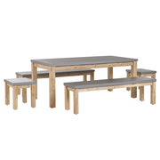 Set da pranzo all'aperto Fibra di cemento grigio Cemento chiaro Legno di acacia Tavolo a 8 posti 2 panche 2 sgabelli industriale moderno
