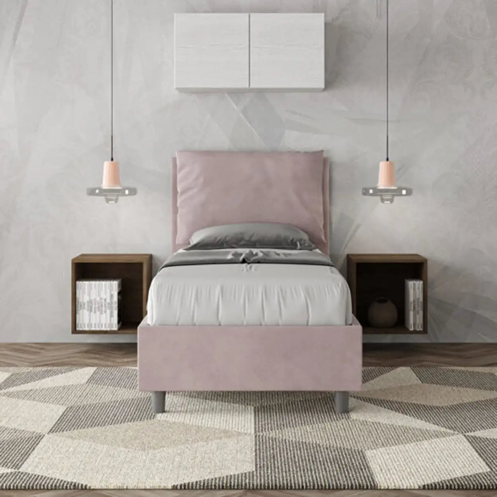 Letto singolo con rete imbottito 80x200 microfibra glicine Antea