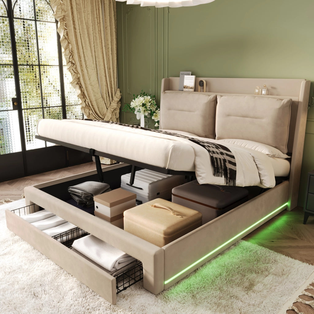 Letto imbottito con LED - Xylo - 180x200 - Beige - Velluto