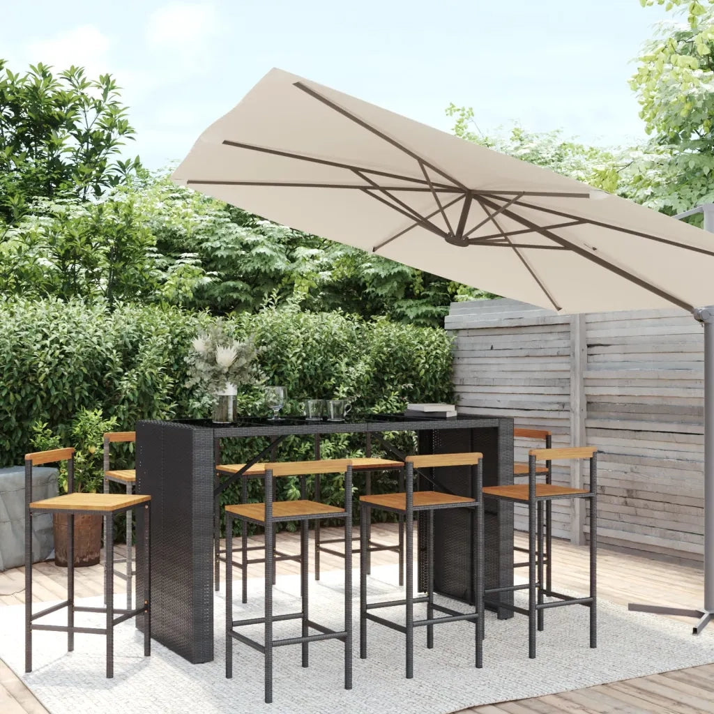 Set Bar Giardino 9 pz Nero Polyrattan e Legno Massello Acacia 3187704