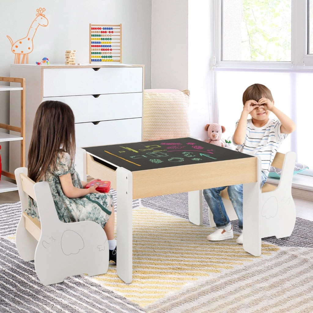 Set di tavolo e sedie per bambini con deposito lavagna rimovibile-Set di mobili 3 PCS per ragazzi e ragazze Bianco