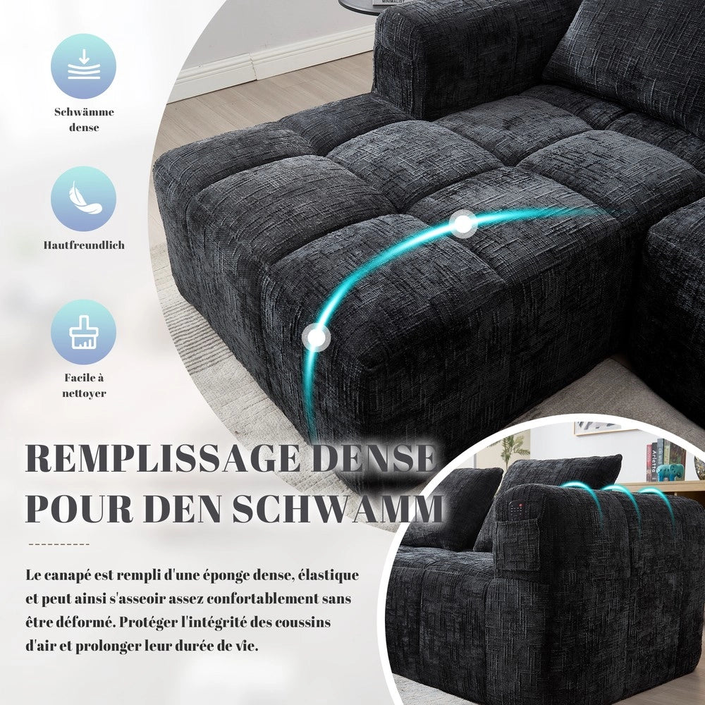 Divano angolare 3 posti con chaise longue e braccioli ¨C Minimal ¨C nero chenille con 3 cuscini e tasche laterali