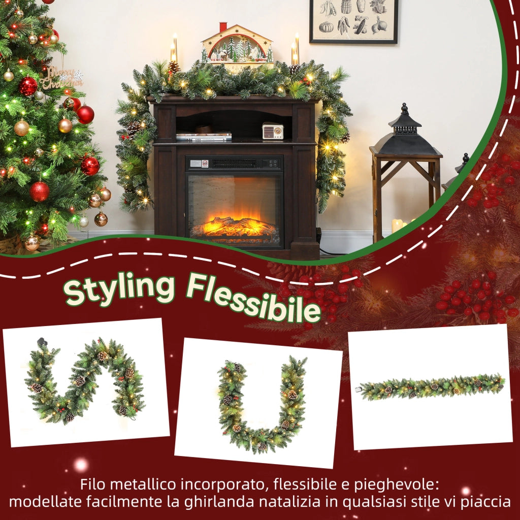 Ghirlanda Natalizia da Interni 180cm con 30 LED Pigne e Bacche