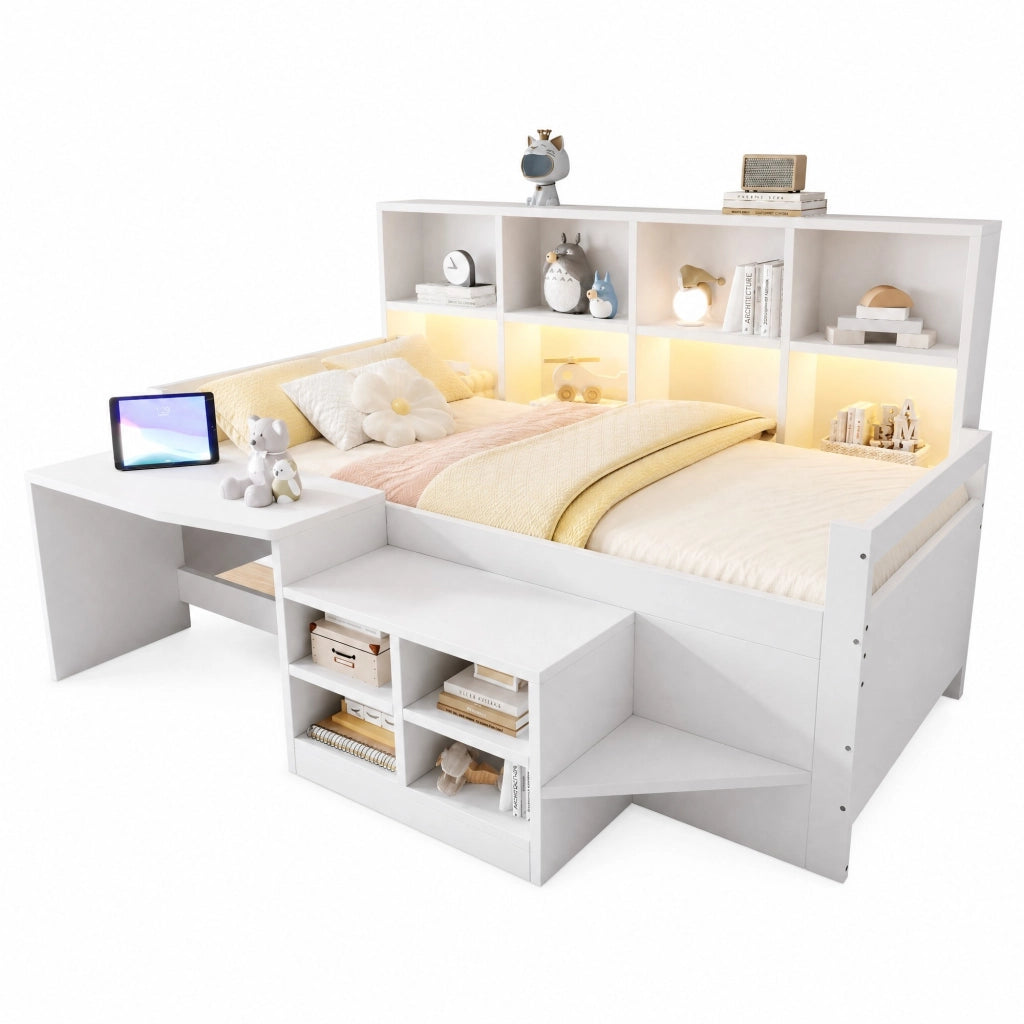 Letto multifunzionale 90x200 cm con scrivania; contenitori; LED e scala; bianco