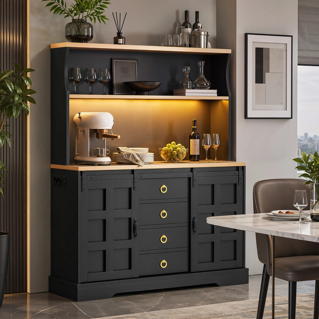 Mobile da cucina alto con LED RGB, prese USB, 4 cassetti e ante scorrevoli, 120x40x150 cm