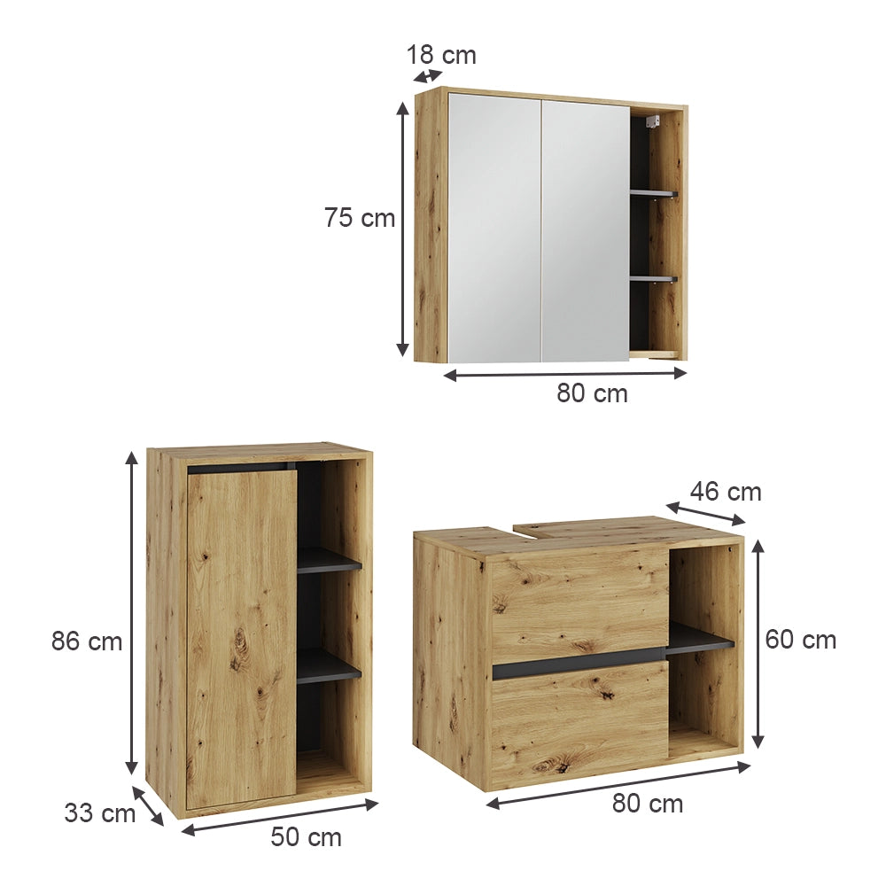 Set di mobili da bagno Viola Rovere artigianale/Grigio 3 parti Vicco