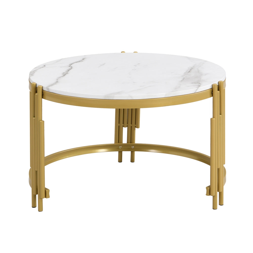Set di tavolini da salotto 71.5x71.5x44 cm; impilabile; effetto marmo; MDF e metallo; ottone antico e bianco