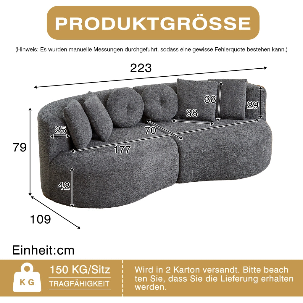 Divano modulare a 2 moduli in chenille senza braccioli con schienale ergonomico e 6 cuscini grigio antracite