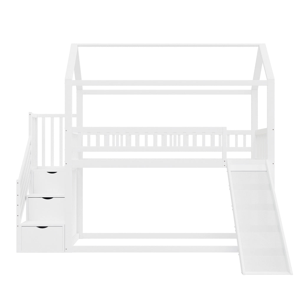 Letto a castello per bambini - Zephmum- 90x200 cm - Bianco - Con scivolo, scala con contenitore e struttura robusta