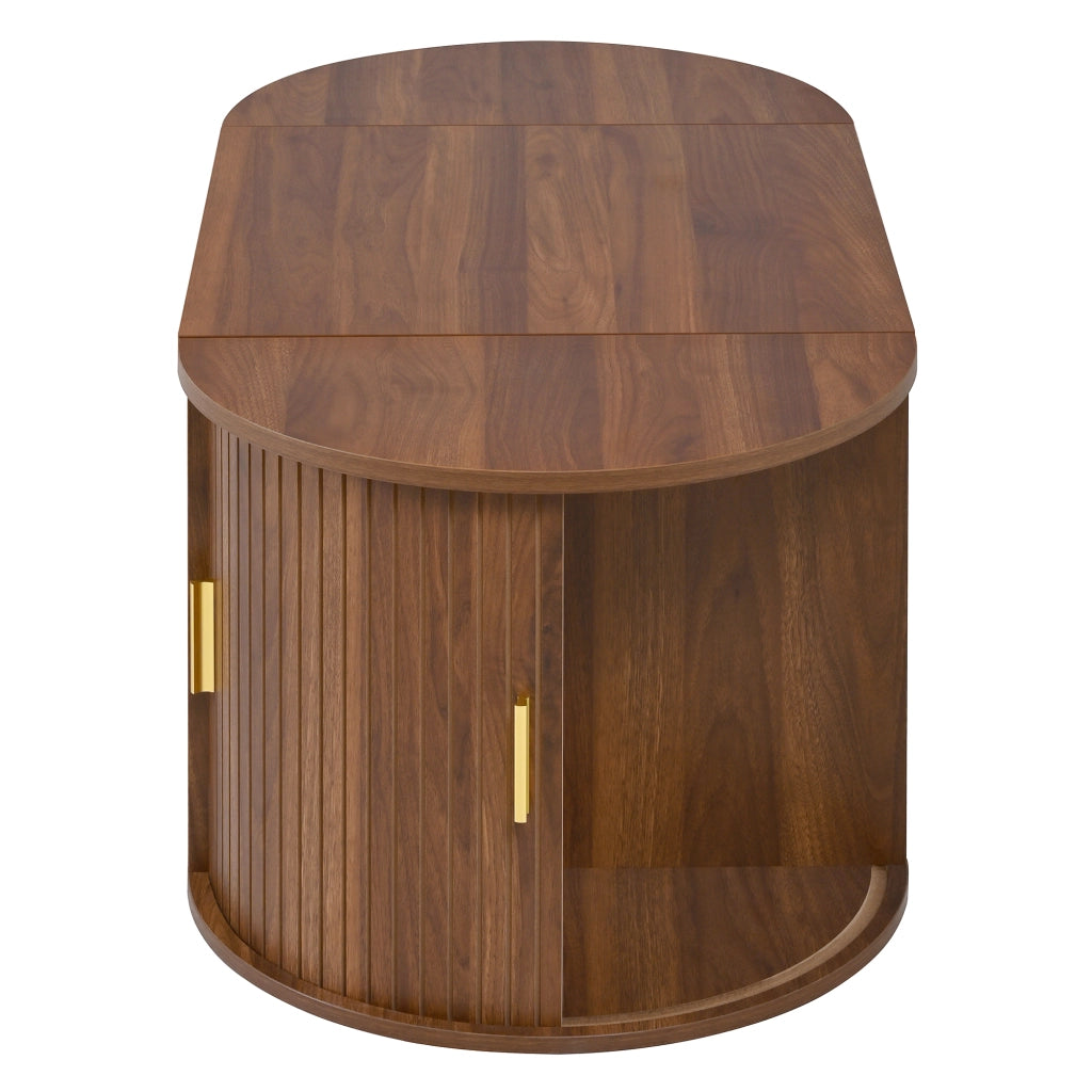 Tavolino Da Salotto Alzabile Ovale con 2 Ante Scorrevoli e Ripiani Aperti; Stile Moderno Retrò; in MDF; 100×50×40;5 cm; Noce