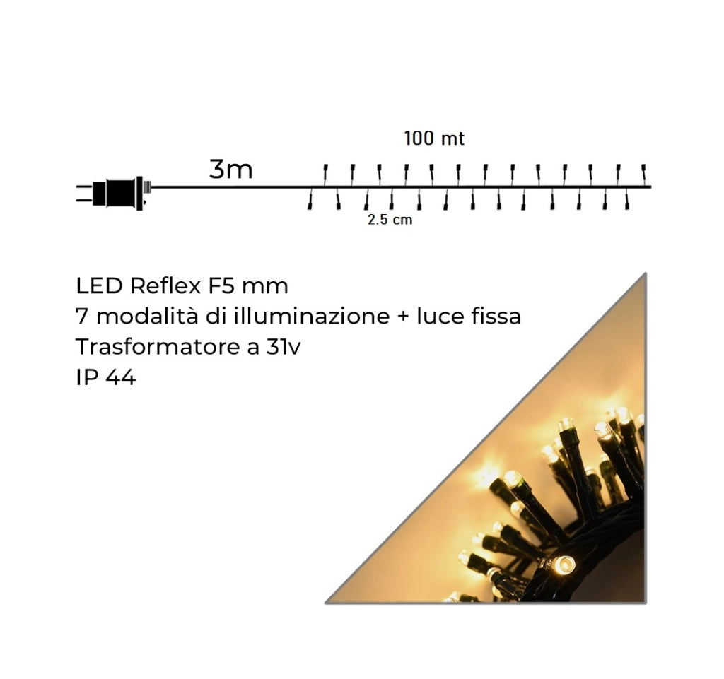 Catena luminosa natalizia con 4000 led luce calda 100mt di catena 36V cavo verde ideale per illuminare a Natale spazi esterno interno albero e balconi con 8 giochi