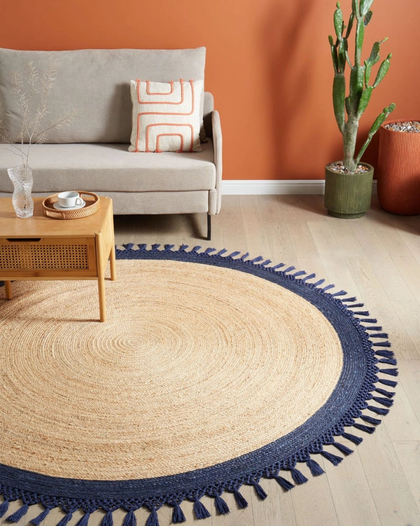 Tappeto Beige e Blu Scuro Rotondo 200 cm Boho Rustico Spirale Intrecciato Fatto a mano Juta Naturale Camera da letto Soggiorno