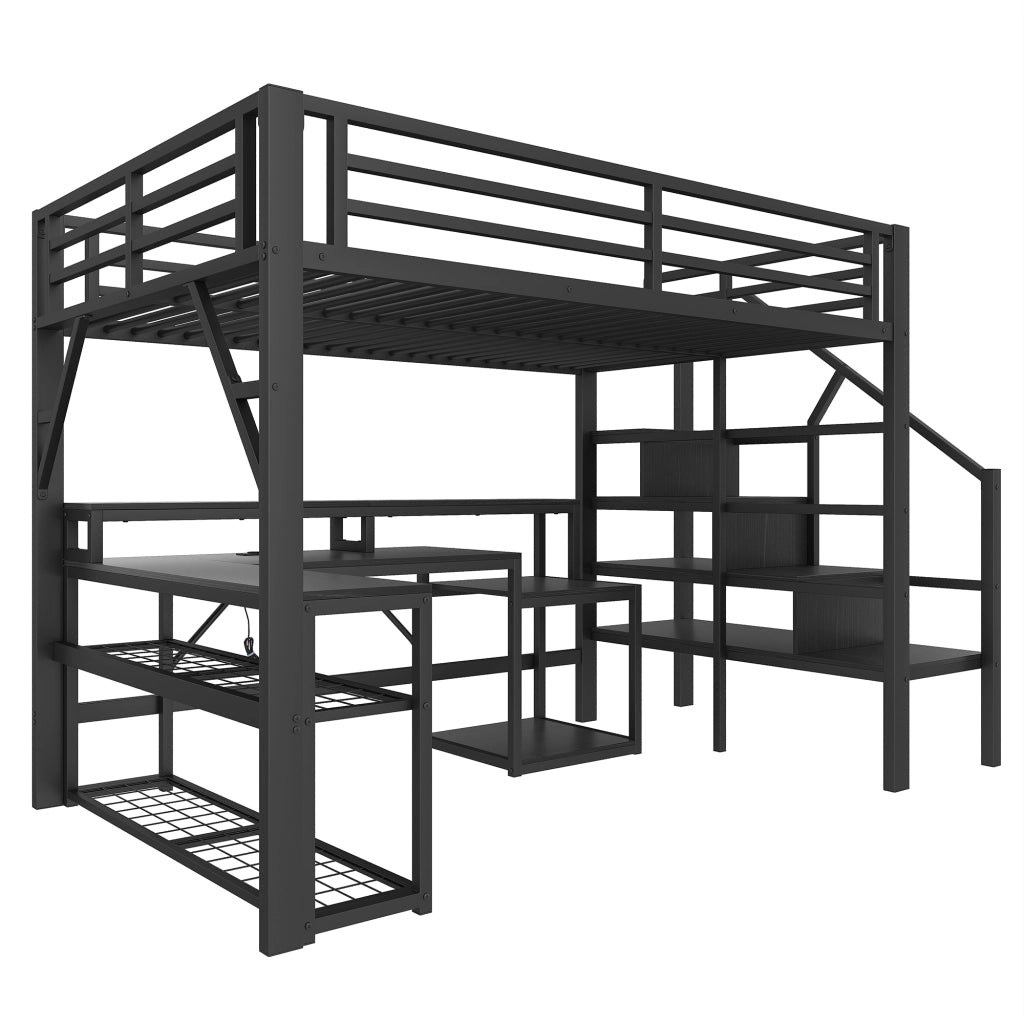 Letto a castello nero in metallo con funzione scrivania e illuminazione LED 140x200 cm